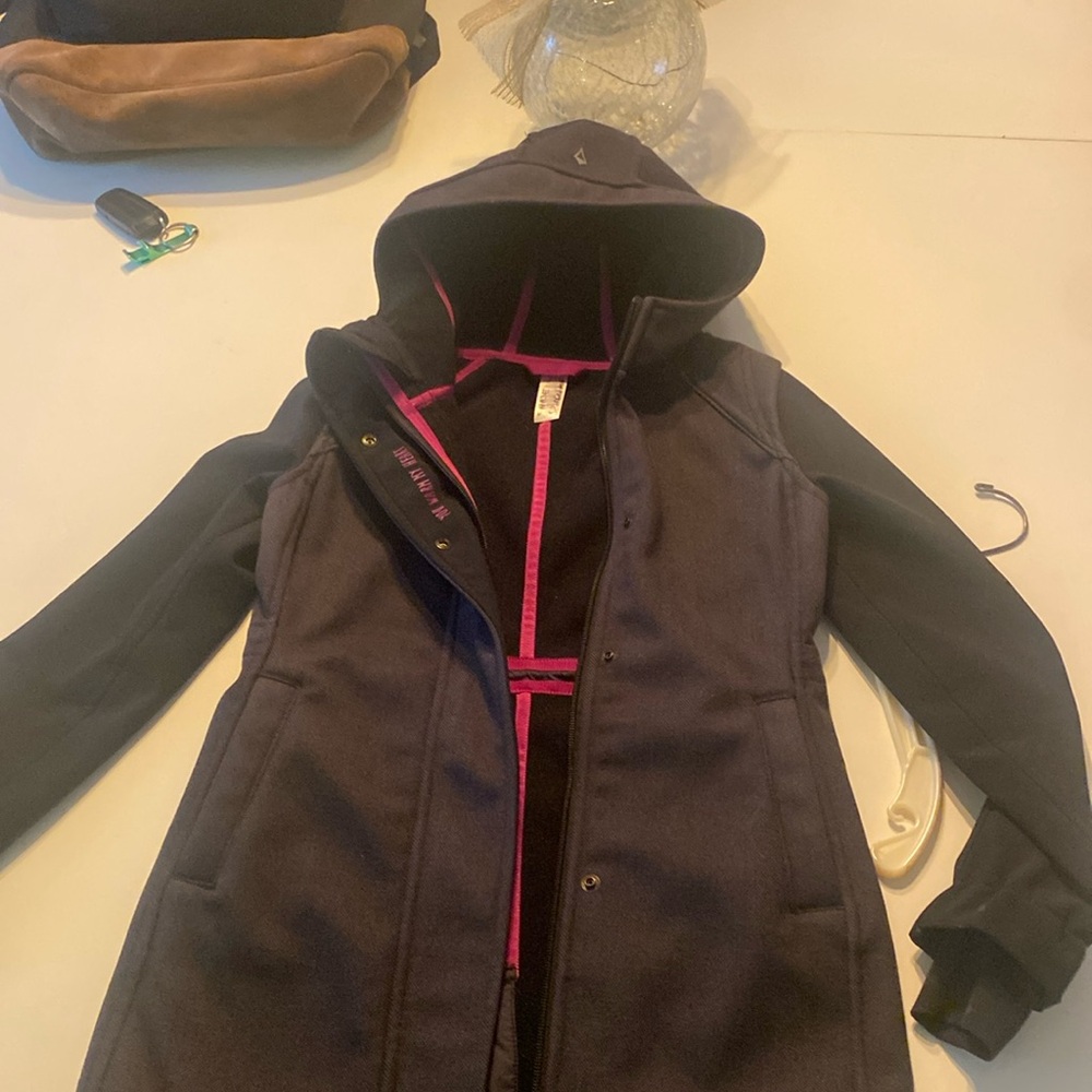 Ivviva, black raincoat with pink, size 7 girls,